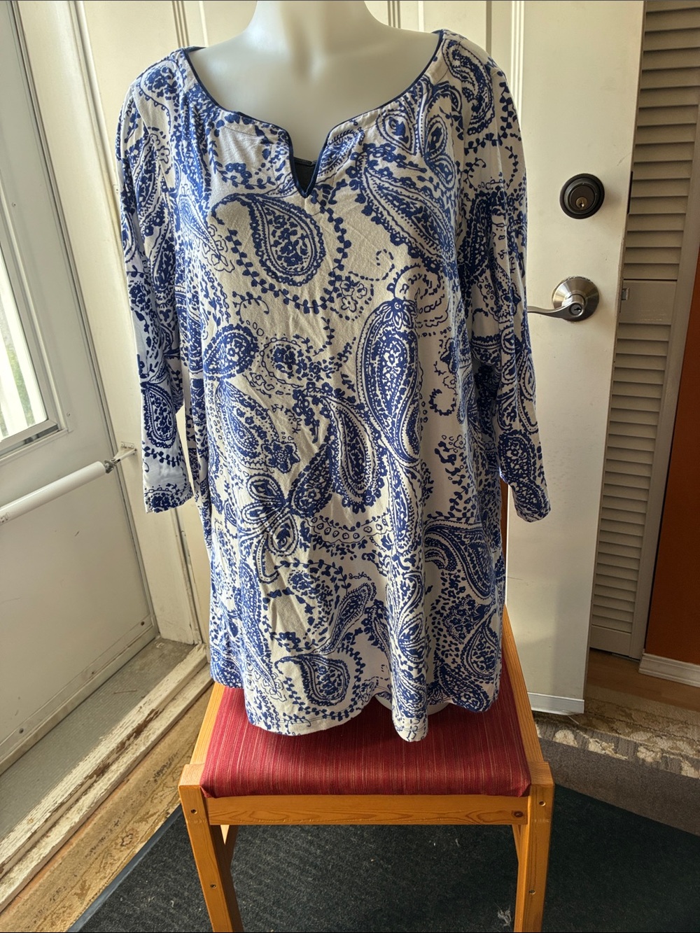 Lands' End White Tunic with Blue Paisley Print